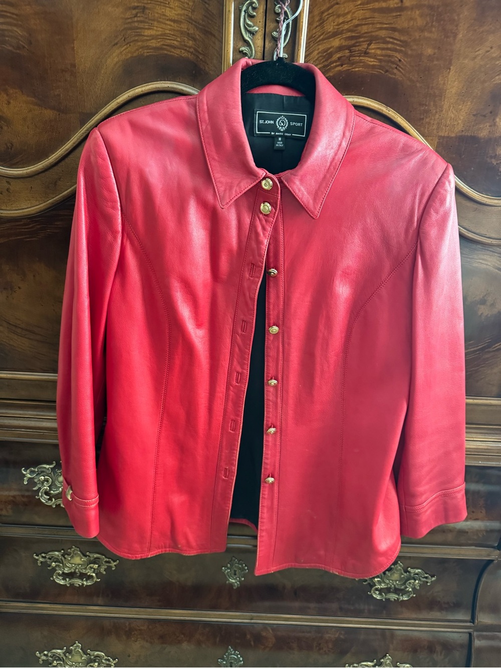 St. John Women’s Red Leather Button-Front Jacket size M